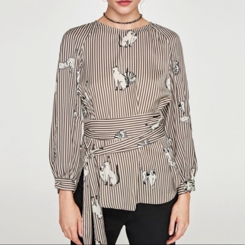 Zara Striped Cat Print Blouse FLASH SALE